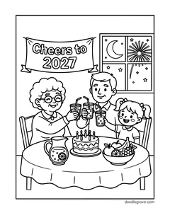 A grandmother, a father and a girl raising glasses at a table with a cake, fruit and a pitcher, under a Cheers to 2027 banner and a window with fireworks