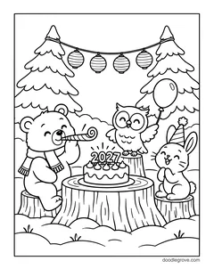 A bear, an owl and a bunny at a tree stump party with a 2027 cake, a balloon, paper lanterns and pine trees