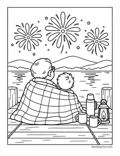 A grandparent and a child wrapped in a plaid blanket on a dock watching fireworks over a lake, with a thermos, mugs and a lantern