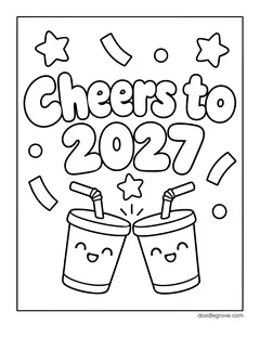 The words Cheers to 2027 above two smiling cups with straws clinking together, with stars and confetti