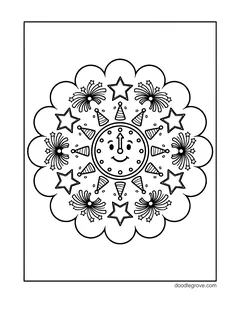 A round mandala of stars, party hats and fireworks around a smiling clock at midnight