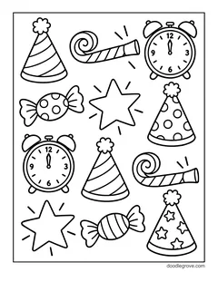 Party hats, party horns, alarm clocks at midnight, candies and stars spread across the page