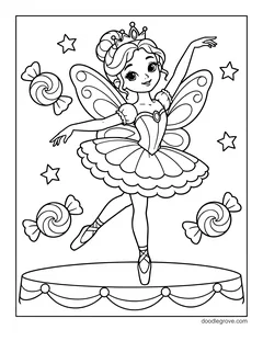 A fairy ballerina with butterfly wings and a tiara dancing on a round stage, with wrapped candies and stars