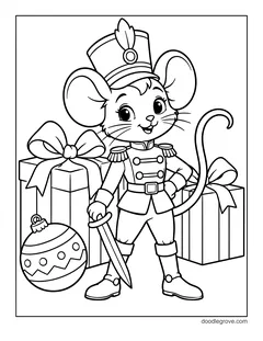 A mouse in a soldier uniform and a tall hat holding a sword, with two big gifts and an ornament