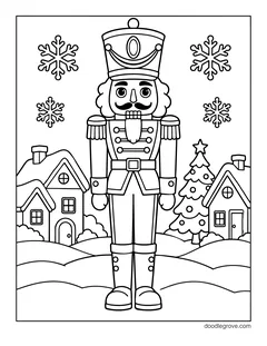A tall nutcracker standing in the snow in front of village cottages and a Christmas tree, with snowflakes