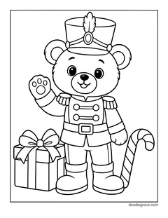 A teddy bear in a nutcracker uniform waving, with a gift and a candy cane