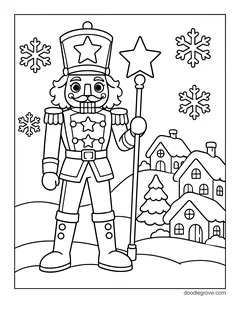 A nutcracker holding a staff with a star on top, with snowflakes and a snowy village