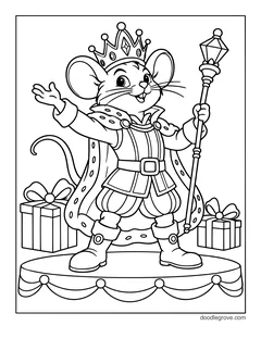 The Mouse King in a crown and a fur-trimmed cape holding a scepter on a stage, with gifts