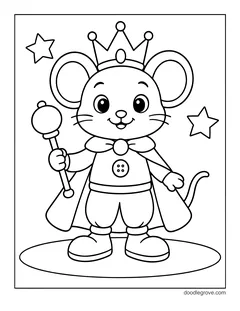 A cute mouse in a crown and a cape holding a scepter, with two stars