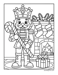 A nutcracker in a crown holding a candy cane by a fireplace with stockings, with a gift