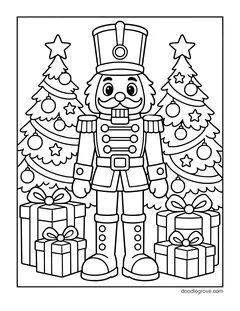 A nutcracker soldier standing between two decorated Christmas trees, with a pile of gifts on each side