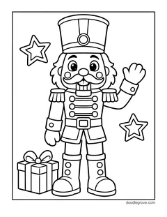 A smiling nutcracker waving hello, with a gift and two stars