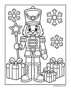 A nutcracker holding a star wand between stacks of gifts, with snowflakes