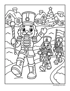 A nutcracker waving a baton and leading a drummer and a flag bearer down a path, with a snowy village behind them