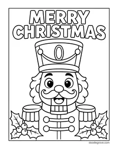The words Merry Christmas above a big smiling nutcracker face, with holly leaves and berries