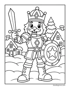 A nutcracker in a crown holding a sword and a round shield with a star, with a snowy village