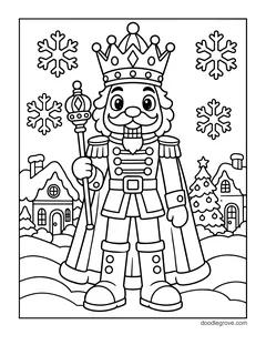 A nutcracker king in a crown and a long cape holding a scepter, with snowflakes and a snowy village