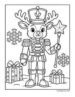 A reindeer with antlers dressed as a nutcracker soldier, holding a star wand, with gifts and snowflakes