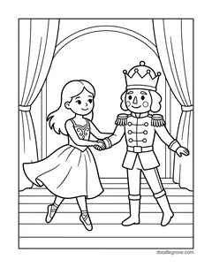 A girl in a dress and a nutcracker prince in a crown dancing hand in hand on a stage with curtains