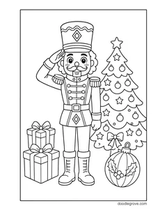 A nutcracker saluting next to a decorated Christmas tree, with stacked gifts and a big ornament