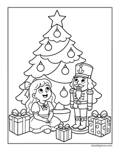 A girl sitting under a decorated Christmas tree next to a nutcracker toy, with wrapped gifts