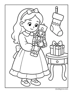 A girl in a dress hugging a nutcracker toy, with a stocking and a gift on a little table