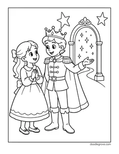 A girl and a nutcracker prince in a crown standing by a sparkling magic door, with stars