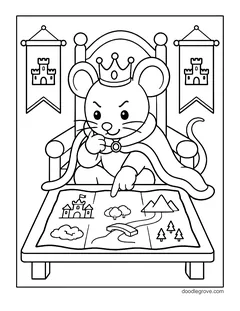 The Mouse King in a crown and a cape pointing at a map on a table, with castle banners on the wall