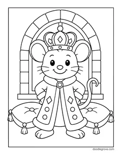 A smiling mouse in a crown and a long royal robe sitting on cushions in front of an arched window