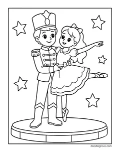 A prince in a uniform holding a ballerina in an arabesque on a round stage, with stars