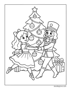 A girl and a nutcracker dancing together in front of a decorated Christmas tree, with gifts
