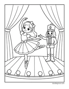 A ballerina dancing on stage as a nutcracker watches, with curtains and footlights