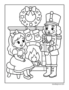 A girl sitting by a fireplace with stockings and a wreath as a nutcracker hands her a gift