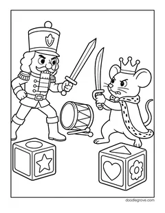 A nutcracker and the Mouse King crossing swords over a toy drum, with two toy blocks