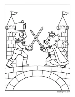 A nutcracker and the Mouse King fighting with swords on a stone bridge between castle towers