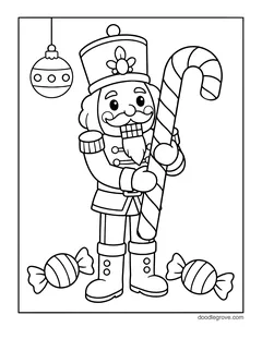 A nutcracker hugging a giant striped candy cane, with wrapped candies and an ornament