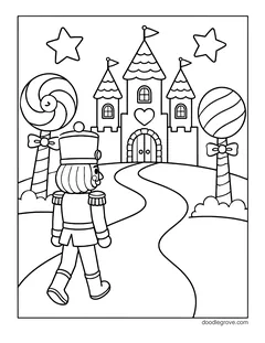 A nutcracker walking down a winding path toward a candy castle with giant lollipops, with stars