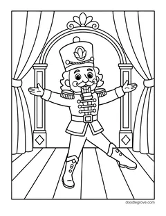 A nutcracker dancing with arms wide on a stage with curtains and an arch