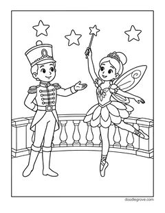 A prince bowing to a fairy ballerina with a wand on a palace balcony, with stars