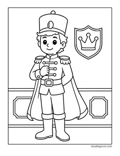 A boy prince in a uniform and a long cape standing in a palace hall, with a crown shield on the wall