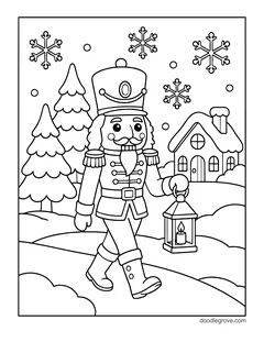 A nutcracker carrying a lantern through the snow past pine trees and a cottage, with snowflakes