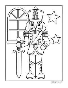 A nutcracker holding a long sword next to a window, with two stars