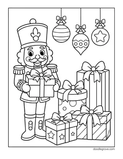 A nutcracker holding a gift next to a tower of wrapped presents, with hanging ornaments