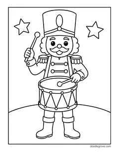 A smiling nutcracker in a tall hat playing a big drum, with two stars