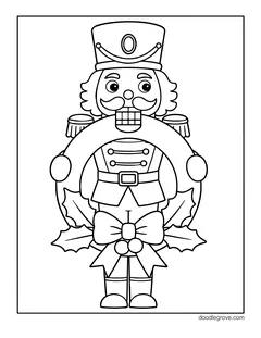 A nutcracker standing in a round Christmas wreath with a big bow and holly leaves