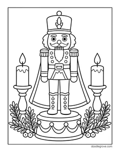 A nutcracker on a round stand between two tall candles, with pine branches and berries