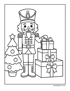 A nutcracker next to a stack of three gifts and a small Christmas tree