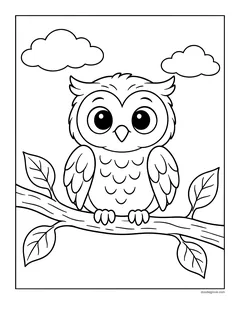 A cute owl with big eyes sitting on a leafy branch under two clouds