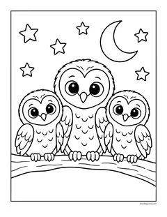 A parent owl and two owlets sitting close together on a branch under a crescent moon and stars