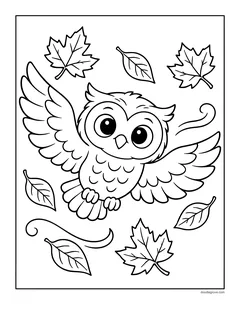 An owl flying with open wings among falling maple and oak leaves and swirls of wind